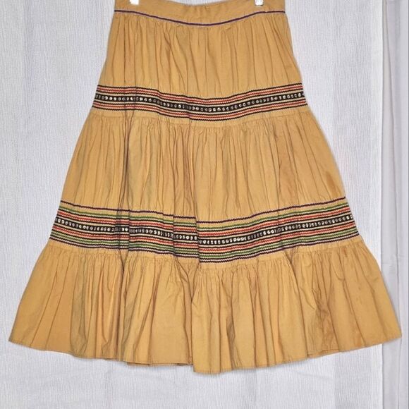 Vintage Mustard Boho Prairie Girl 50s Folk Style Ric-Rac Full Tiered Skirt - Picture 1 of 9